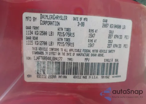 1999 Jeep Cherokee Classic/Sport from USA, damaged, VIN 1J4FT68S4XL604177